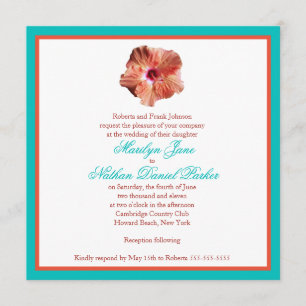 Coral Hibiskus und Aqua Wedding Einladung