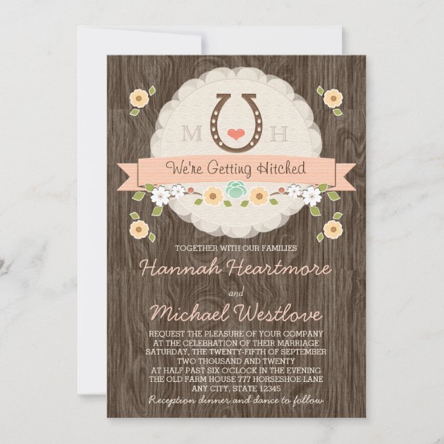 Coral Horseshoe Heart Western Wedding Einladung (Vorderseite)