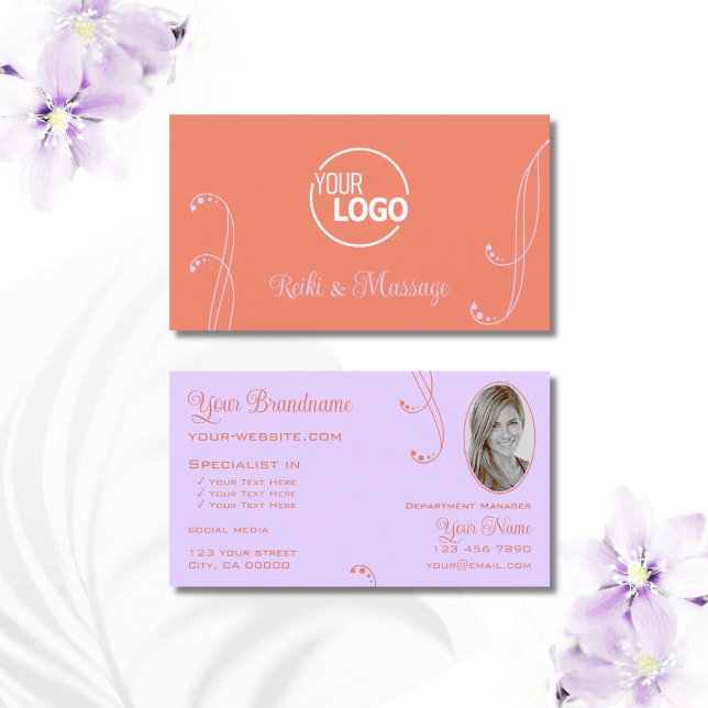 Coral Lavender Chic Verziert mit Logos und Foto Visitenkarte (Von Creator hochgeladen)