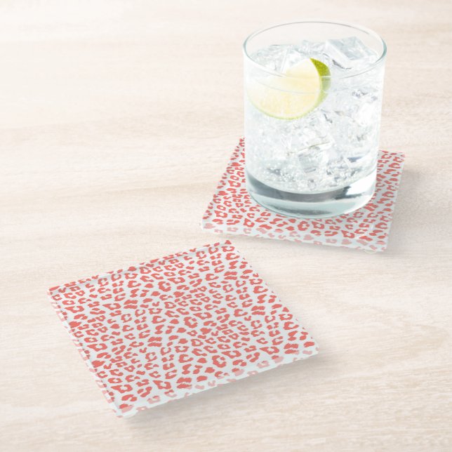 Coral Leopard Print Glasuntersetzer (Schrägansicht)