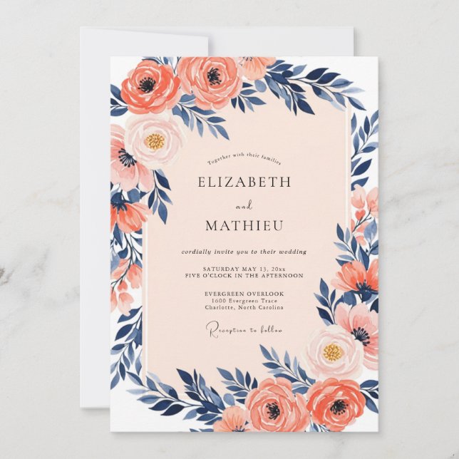 Coral Luminous Indigo Spring Wedding Einladung (Vorderseite)