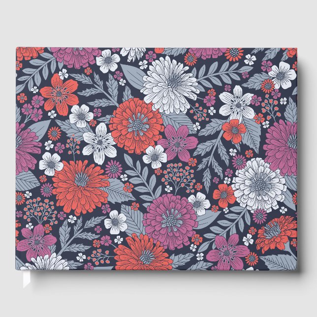 Coral, Magenta & Blue Zinnias Floral Gästebuch (Vorderseite)