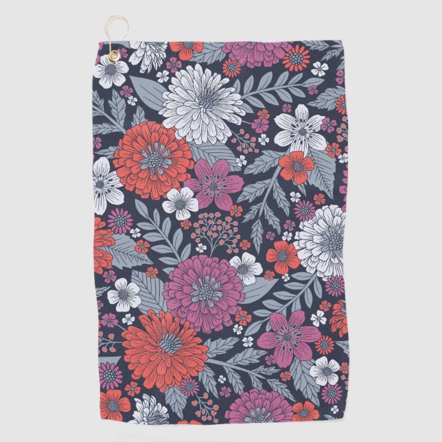 Coral, Magenta & Blue Zinnias Floral Golfhandtuch (Vorderseite)