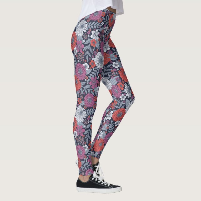 Coral, Magenta & Blue Zinnias Floral Leggings (Rechts)