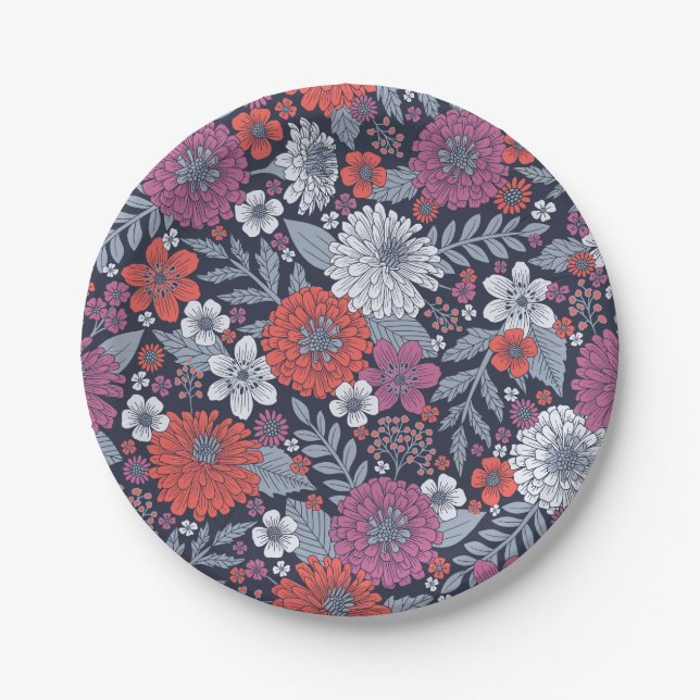 Coral, Magenta & Blue Zinnias Floral Pappteller (Vorderseite)