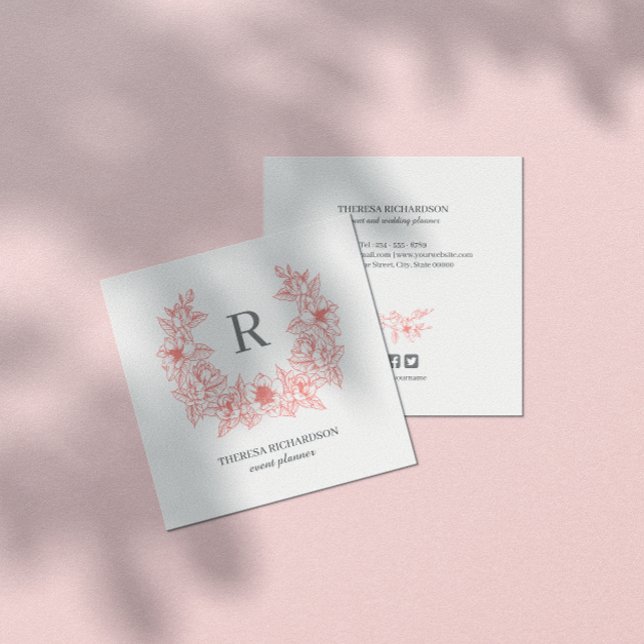 Coral Magnolia Wreath Monogram Social Media Icon Quadratische Visitenkarte (Von Creator hochgeladen)