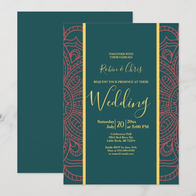Coral Mandala & Dark Aquamarine Elegante Hochzeit (Vorne/Hinten)