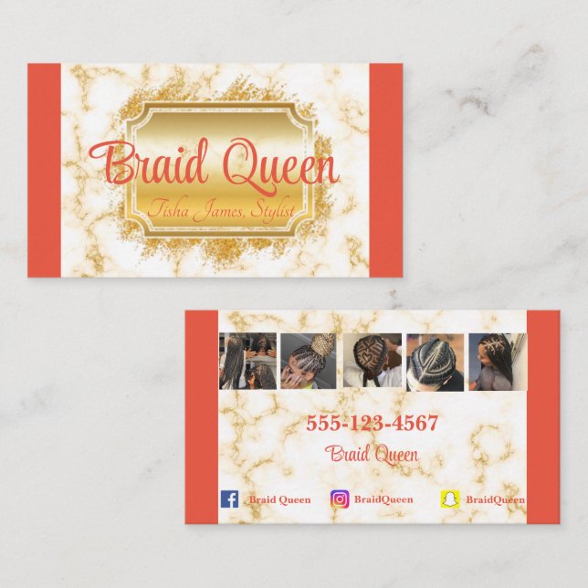 Coral Marble Hair Braiding Business Card Visitenkarte (Vorne/Hinten)