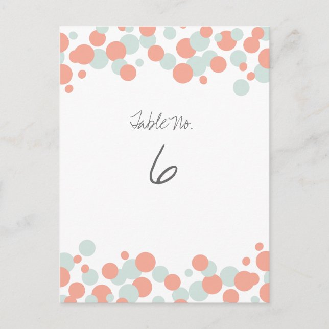 Coral & Mint Bubbles Confetti Tischnummer Cards (Vorderseite)