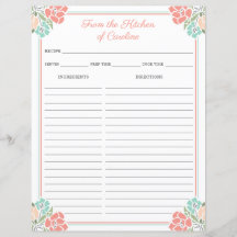 Coral & Mint Floral Cookbook Binder Rezept Blätter