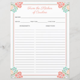 Coral & Mint Floral Cookbook Binder Rezept Blätter