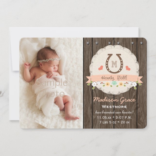 Coral Monogram Horseshoe Western Baby Ankündigung (Vorderseite)