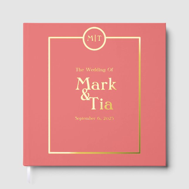Coral Monogram Mariage Foil Livre d'invité (Recto)