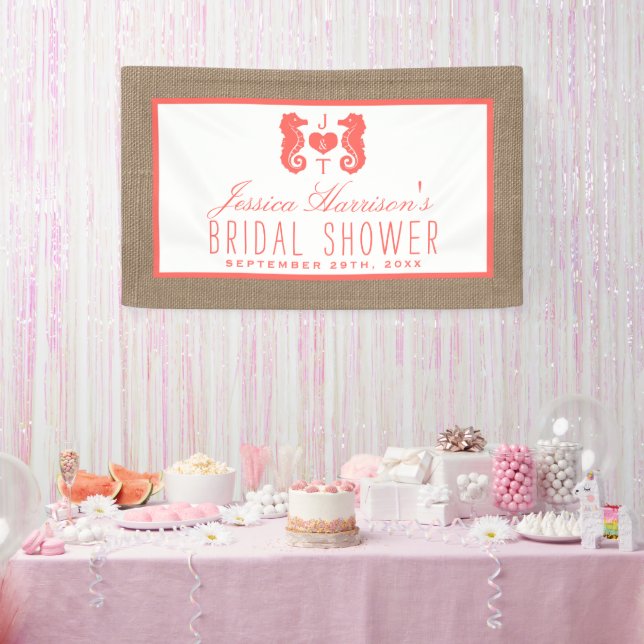 Coral Monogram Seepferd Beach Burlap Brautparty Banner (Party)