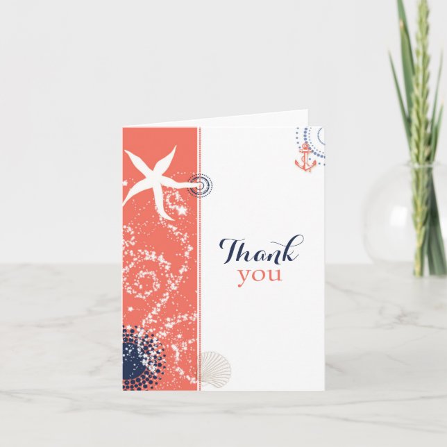 Coral n Navy Blue Nautical Wedding Vielen Dank Dankeskarte (Vorderseite)
