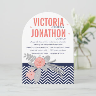 Coral Navy and Coral Zig Zag and Floral Wedding Einladung