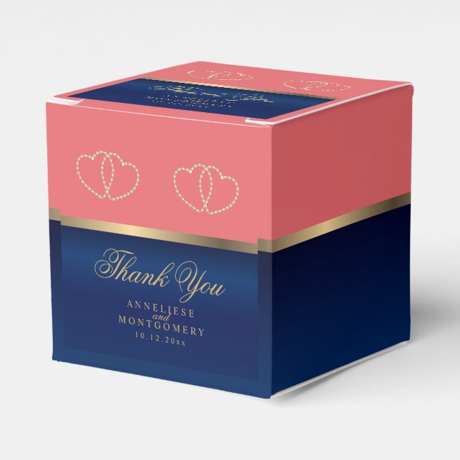 Coral & Navy Blue mit Gold Hearts Geschenkschachtel (Vorderseite)