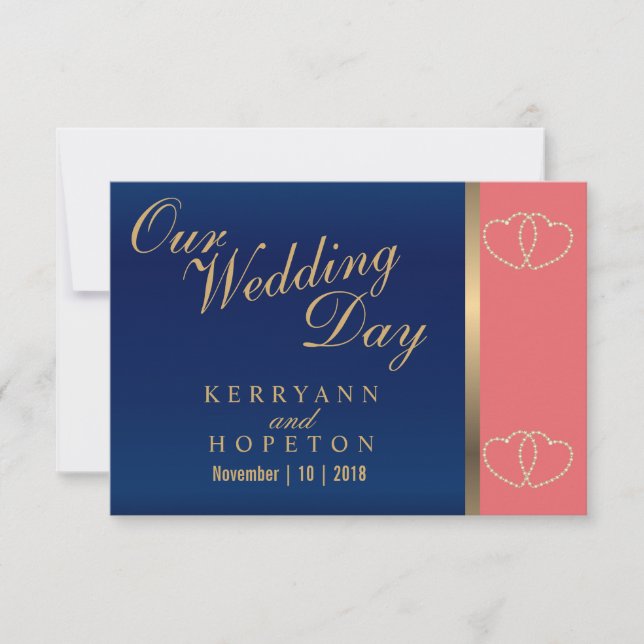 Coral & Navy Blue mit Gold Hearts - UAWG RSVP Karte (Vorderseite)