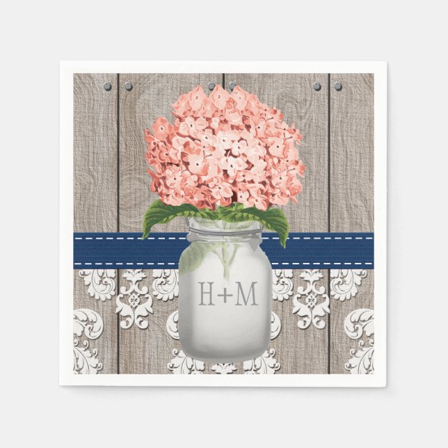 Coral Navy Blue Mit Monogramm Hydrangea Mason Jar Serviette (Vorderseite)