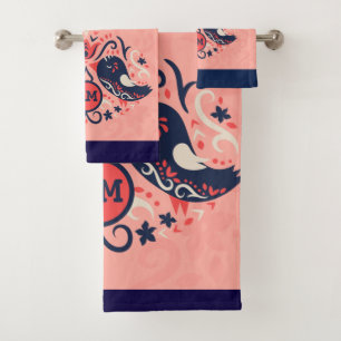 Coral Navy Blue Monogrammed Folk Art Birds Décor