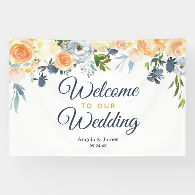Coral Navy Blue Watercolor Begrüßung Banner (Horizontal)