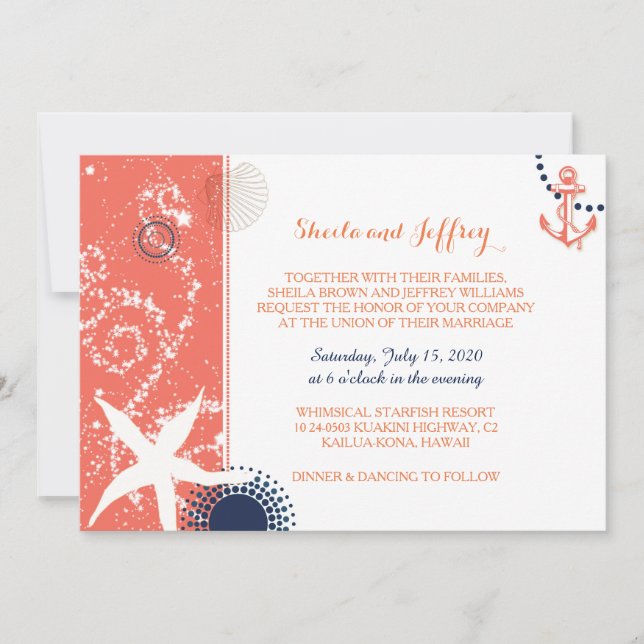 Coral Navy Blue White Nautical Wedding Einladung (Vorderseite)