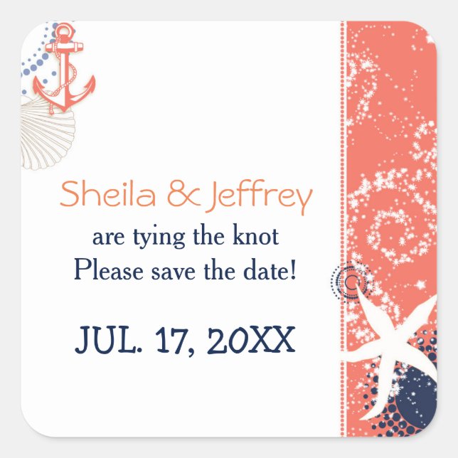 Coral Navy Blue White Nautical Wedding Quadratischer Aufkleber (Vorderseite)