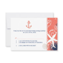 Coral Navy Blue White Nautical Wedding RSVP