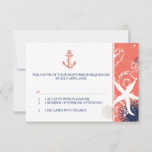 Coral Navy Blue White Nautical Wedding RSVP