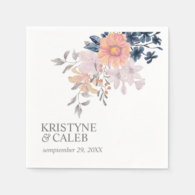 Coral & Navy Blume schicke personalisierte Hochzei Serviette (Vorderseite)