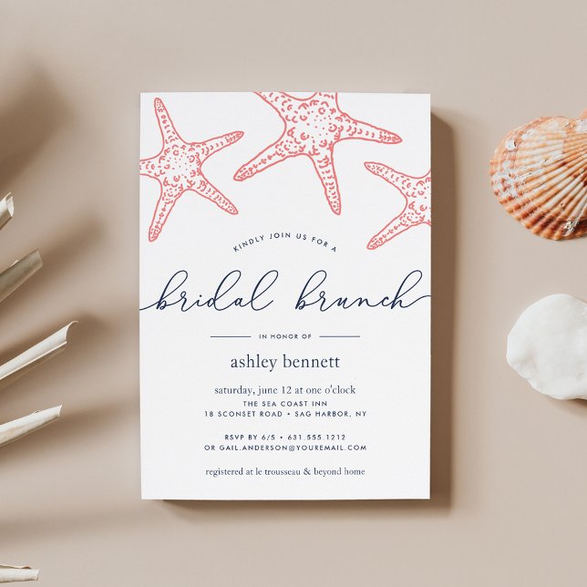 Coral & Navy Starfish Brautparty Brunch Einladung (Von Creator hochgeladen)