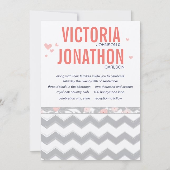 Coral Navy und Gray Zig Zag Typografy Wedding Einladung (Vorderseite)
