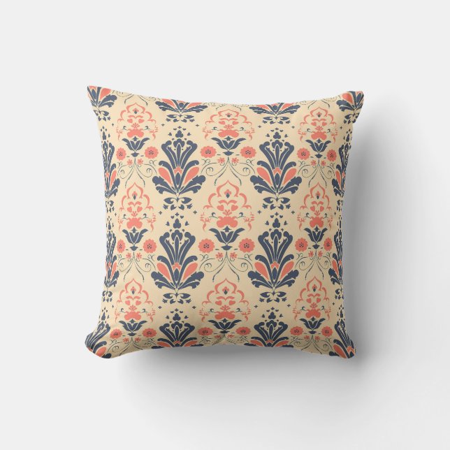 Coral & Navy Vintage Blumenrinnen Kissen (Vorderseite)