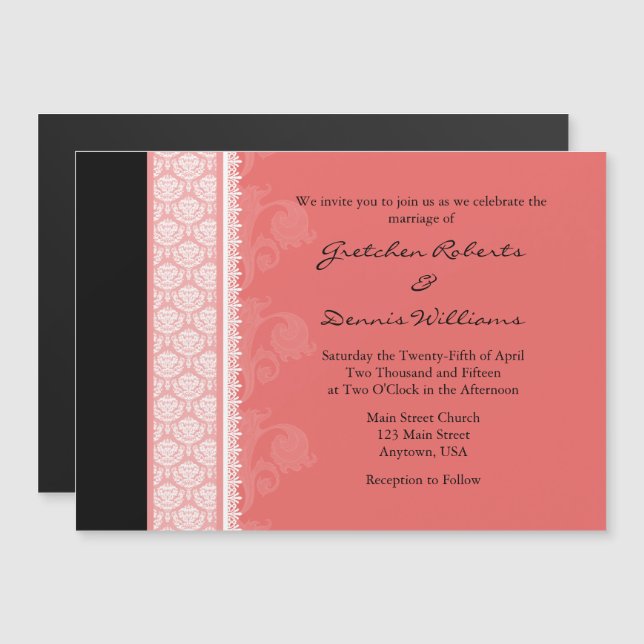 Coral noir moderne Faire-part de mariage magnétiqu (Devant / Derrière)