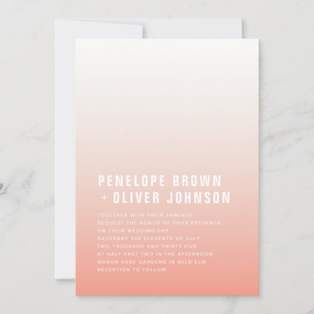 Coral Ombre | Rosa Moderne Minimalistische Hochzei Einladung (Vorderseite)
