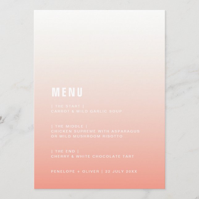 Coral Ombre | Rosa Moderne Minimalistische Hochzei Menükarte (Vorderseite)