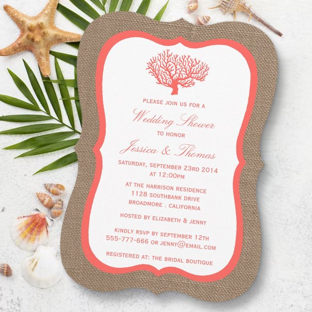 Coral on Burlap Boho Beach Wedding Dusche Einladung (Von Creator hochgeladen)