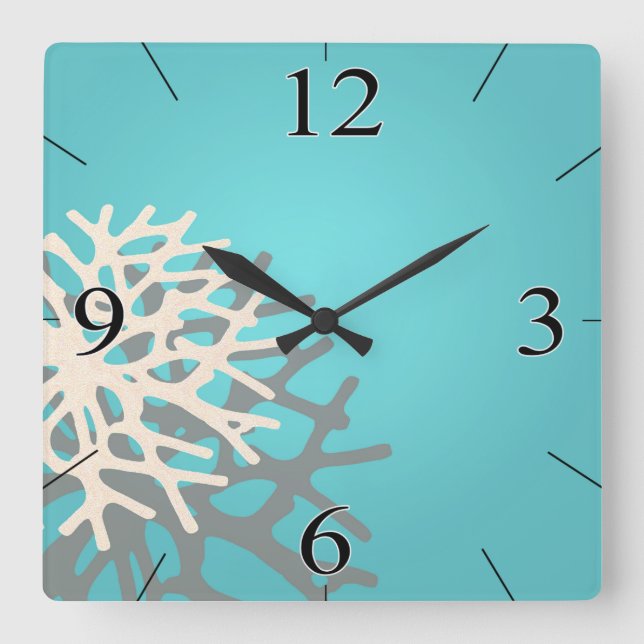 Coral on the Beach | blue grey ivory Quadratische Wanduhr (Vorderseite)