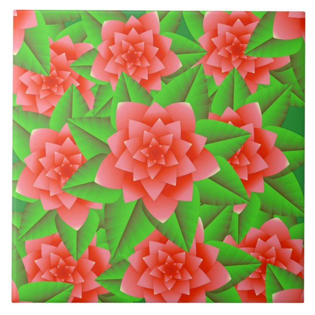 Coral Orange Camellias und grüne Blätter Fliese (Vorderseite)