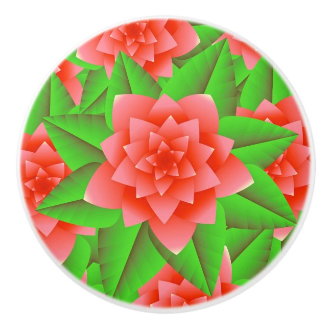 Coral Orange Camellias und grüne Blätter Keramikknauf (Vorderseite)