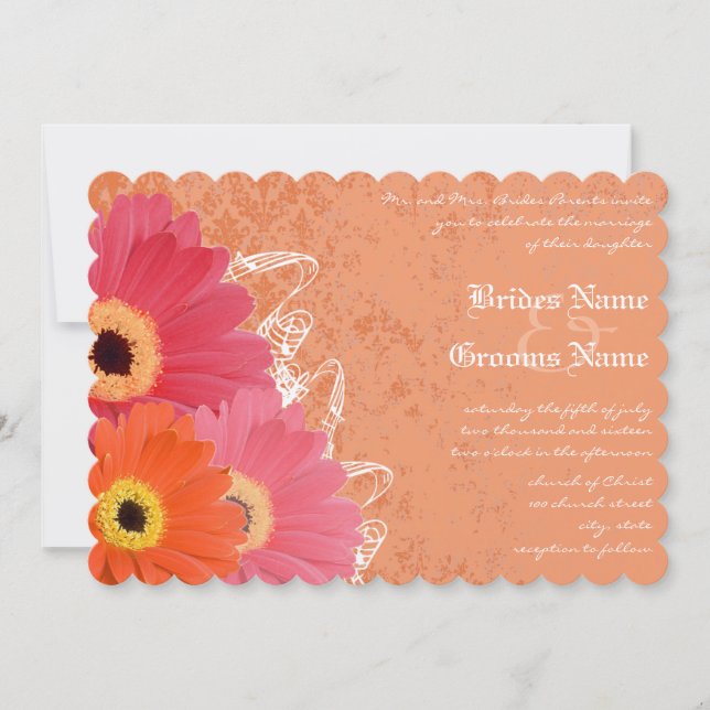 Coral & Orange Gerber Daisy Wedding Einladung (Vorderseite)
