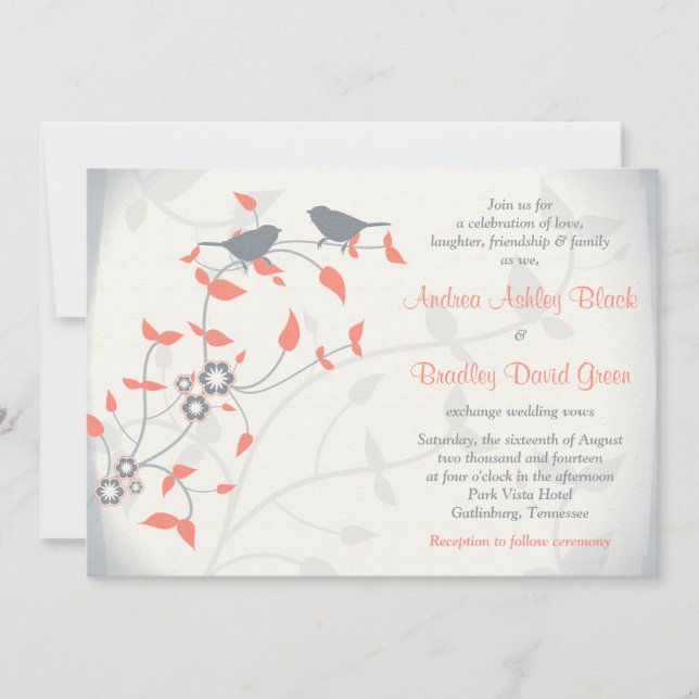 Coral Orange Graue Vögel Blätter Hochzeit Einladun Einladung (Vorderseite)