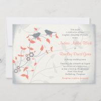 Coral Orange Graue Vögel Blätter Hochzeit Einladun