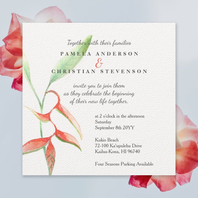 Coral Orange Heliconia Blume Wasserfarbenhochzeit Einladung (orange watercolor heliconia flowers wedding invitation for a tropical beach wedding, Hawaiian flower)