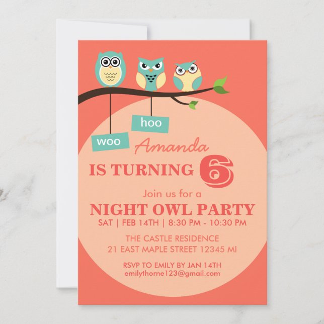 Coral orange Hibou Pois Invitation d'anniversaire (Devant)