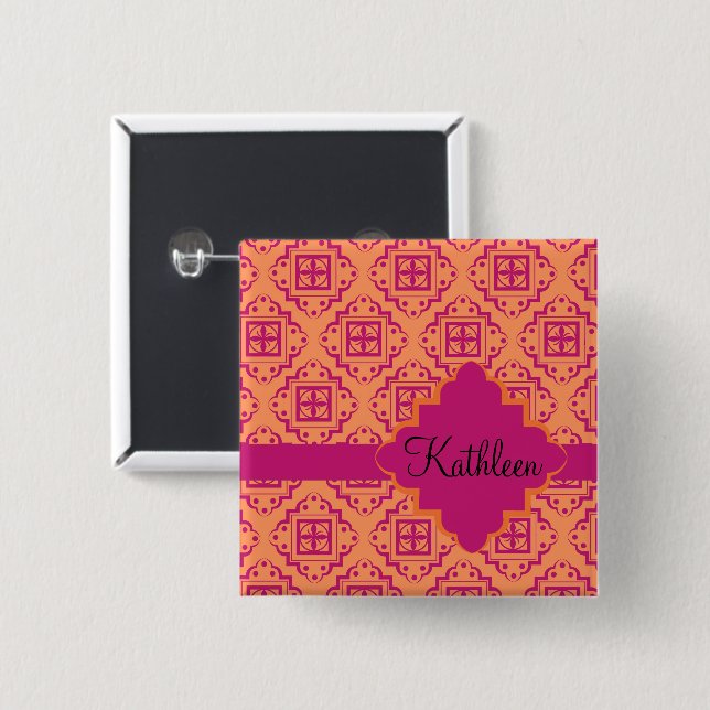Coral Orange & Magenta Arabesque Marokkanisch Button (Vorne & Hinten)