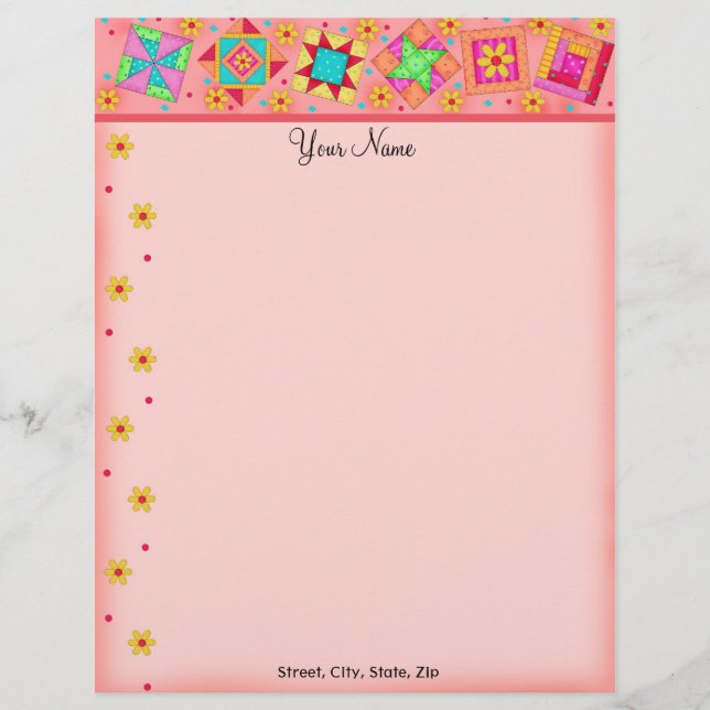 Coral Orange Patchwork Quilt Blocks Letterhead Briefbogen (Vorderseite)