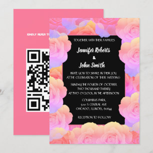 Coral Orange Pink Black Floral QR Code Hochzeit Einladung