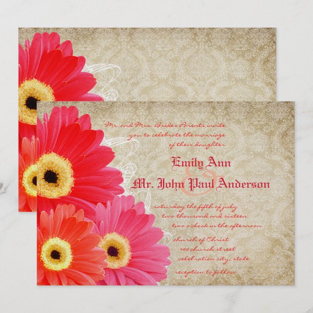 Coral Orange Pink Gerber Daisy Wedding Einladung (Vorne/Hinten)