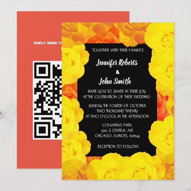 Coral Orange Yellow Black Floral QR Code Hochzeit Einladung (Vorne/Hinten)